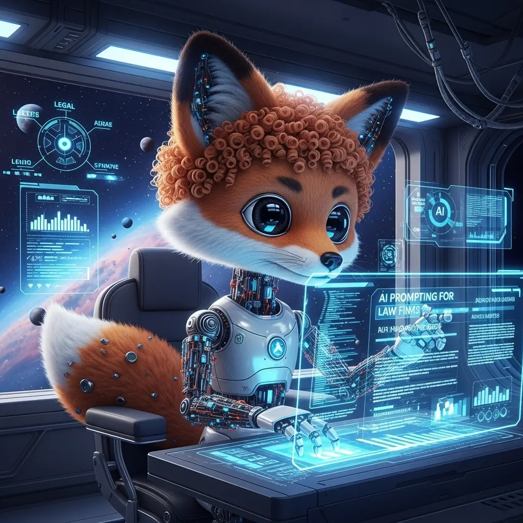 An image of cute curly foxy bot in future space in stars, learning AI prompting for Law firms.