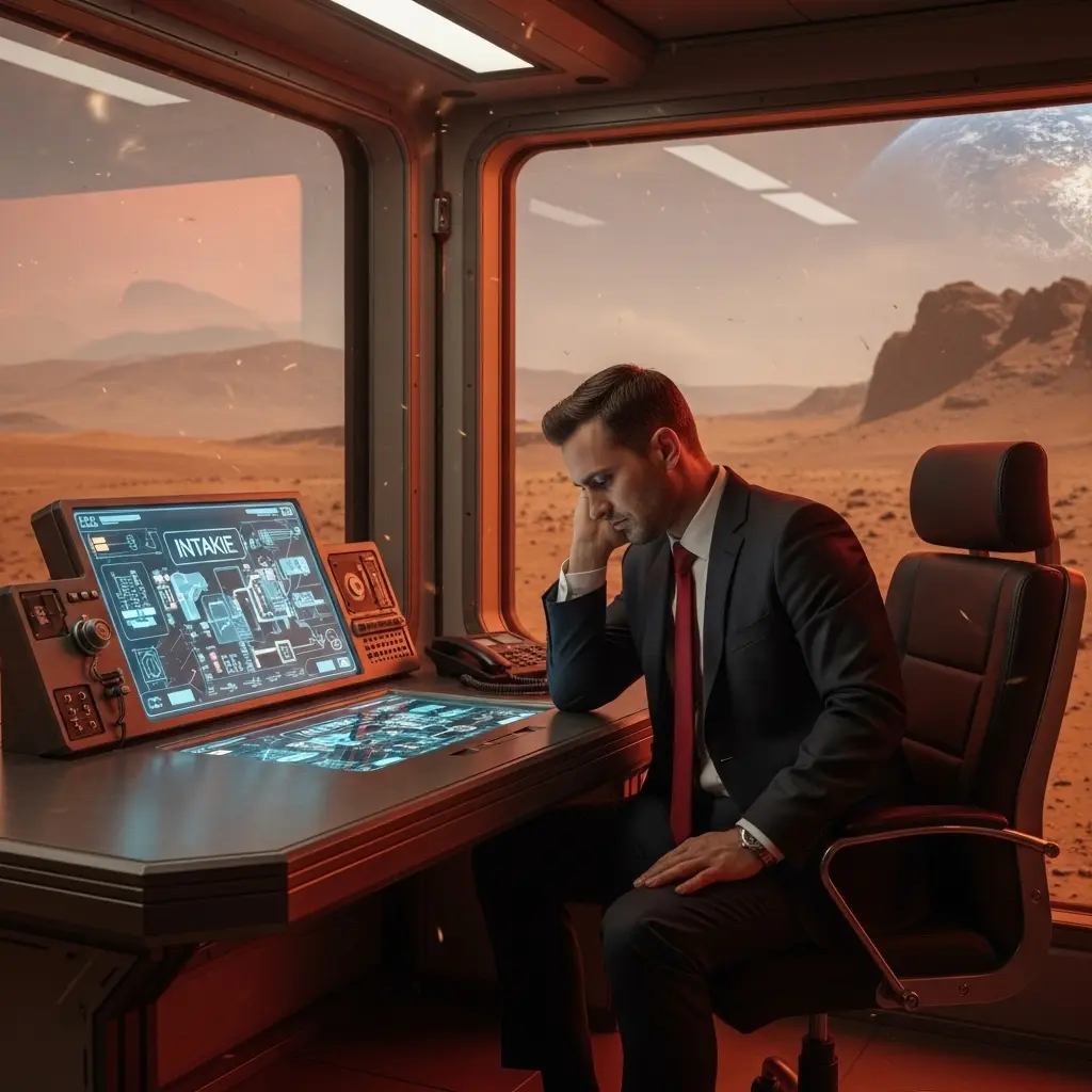 An immigration attorney analyzing intake data and lead conversion metrics on a futuristic dashboard in space.